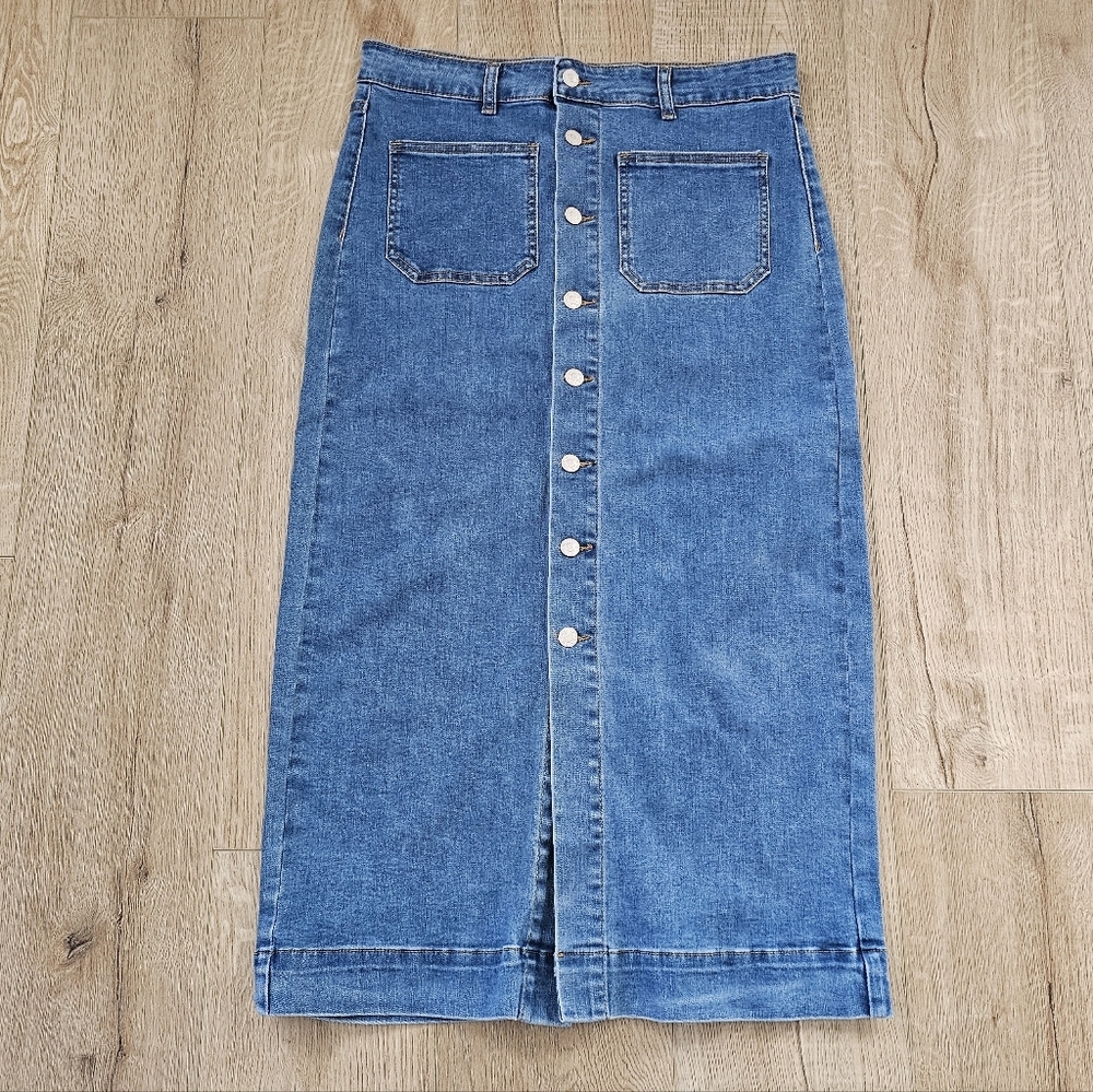 Denim Button-Front Maxi Skirt - Blue - Large fits like Medium